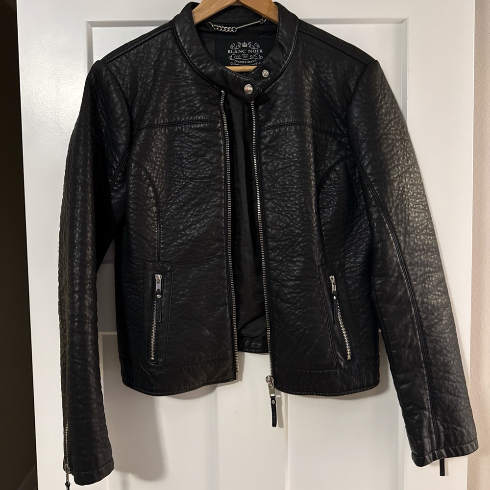 Blanc Noir Textured Black Leather Jacket - Picture 1 of 5